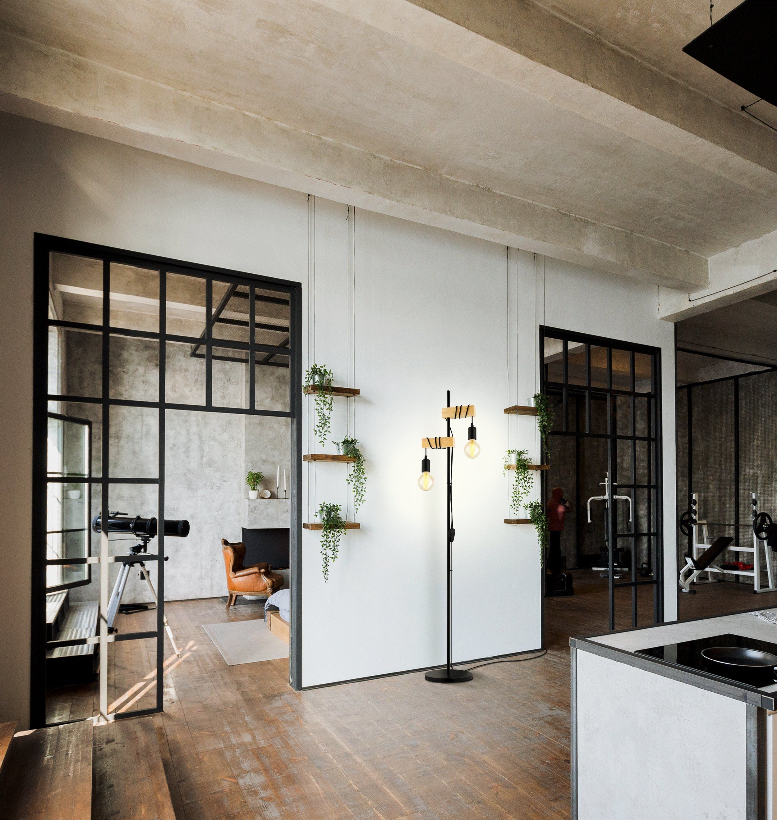 Black Metal & Natural Wooden Floor Lamp with Two Bulb