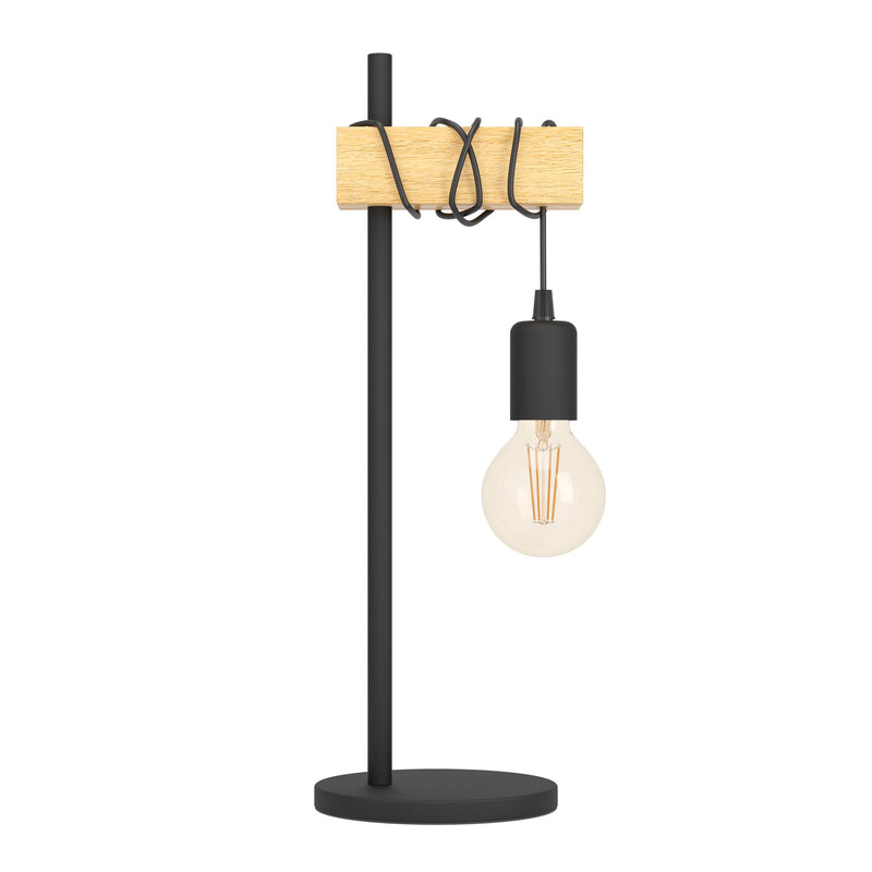 Black Metal & Natural Wooden Table Lamp with Bulb