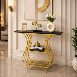 Black Narrow With Shelf Marble Top Console Table