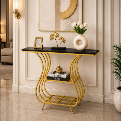 Black Narrow With Shelf Marble Top Console Table