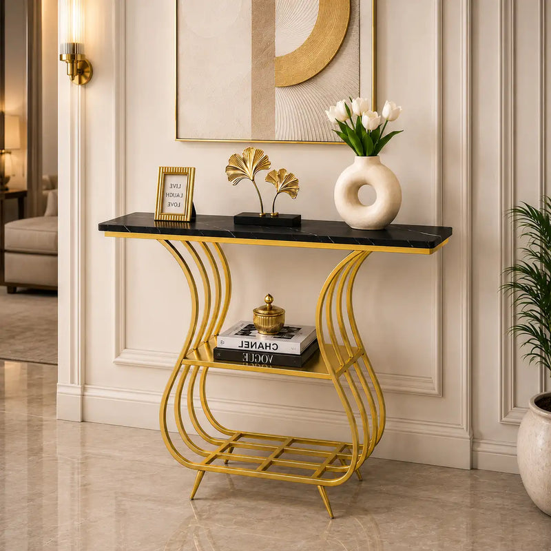 Black Narrow With Shelf Marble Top Console Table