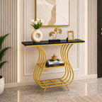 Black Narrow With Shelf Marble Top Console Table