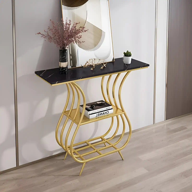 black-narrow-with-shelf-marble-top-console-table