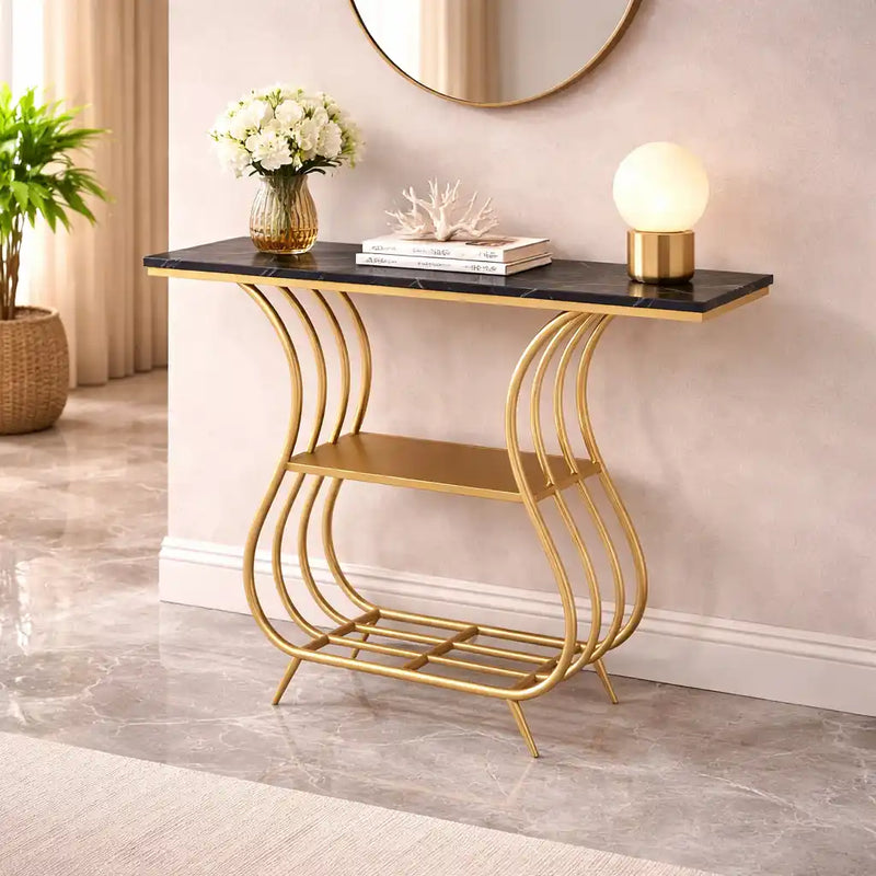 Black Narrow With Shelf Marble Top Console Table