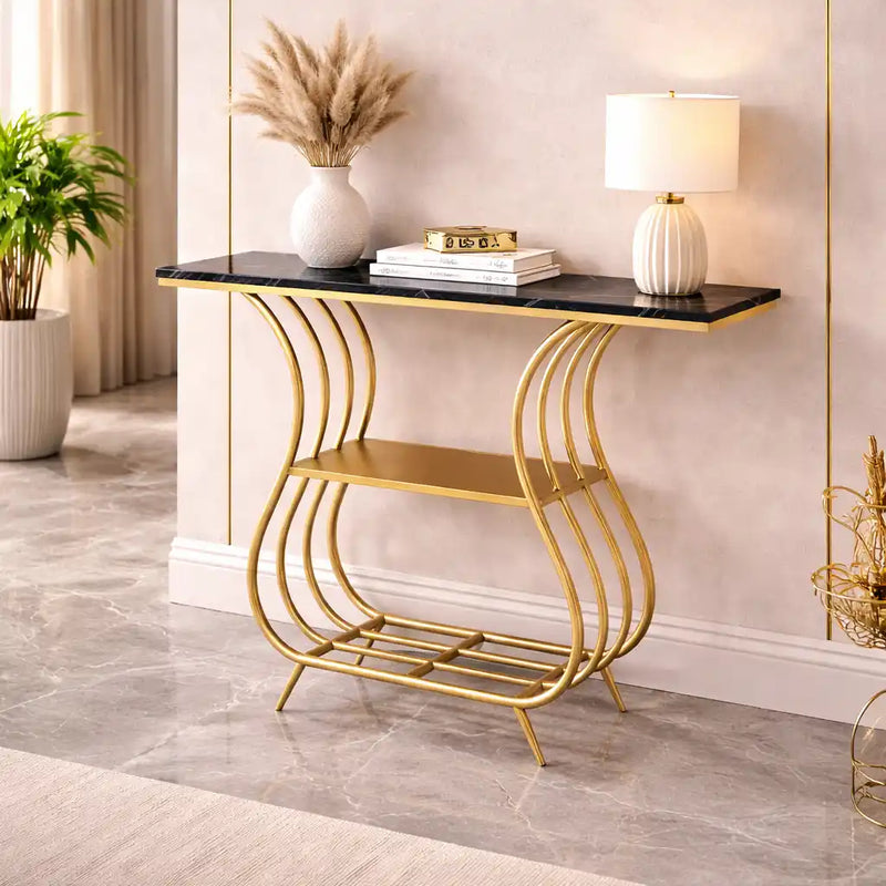 Black Narrow With Shelf Marble Top Console Table