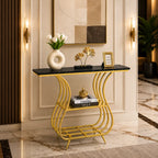 Black Narrow With Shelf Marble Top Console Table