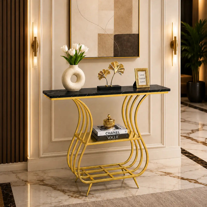 Black Narrow With Shelf Marble Top Console Table