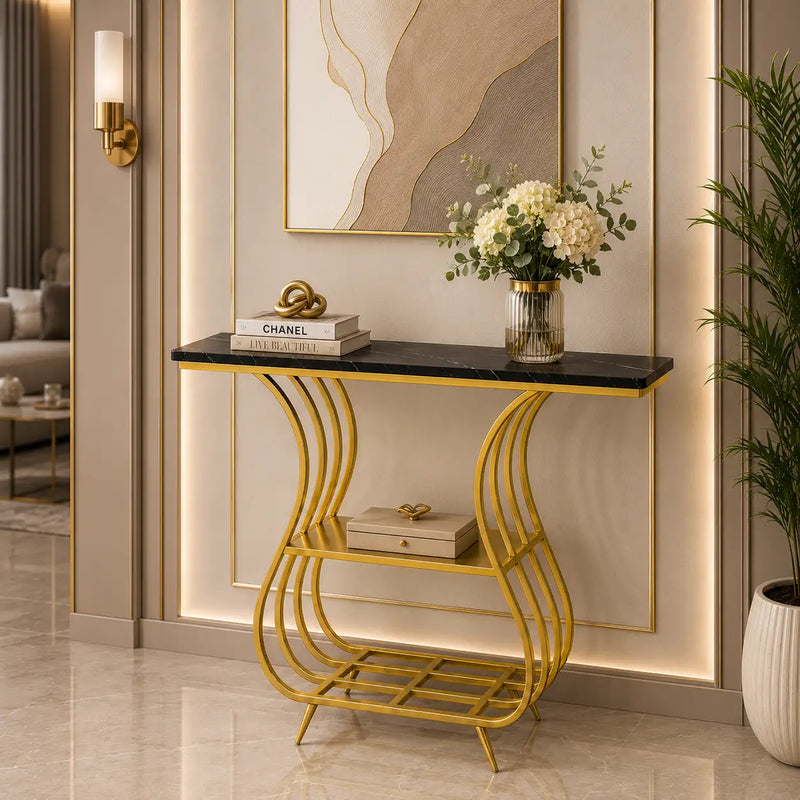 Black Narrow With Shelf Marble Top Console Table