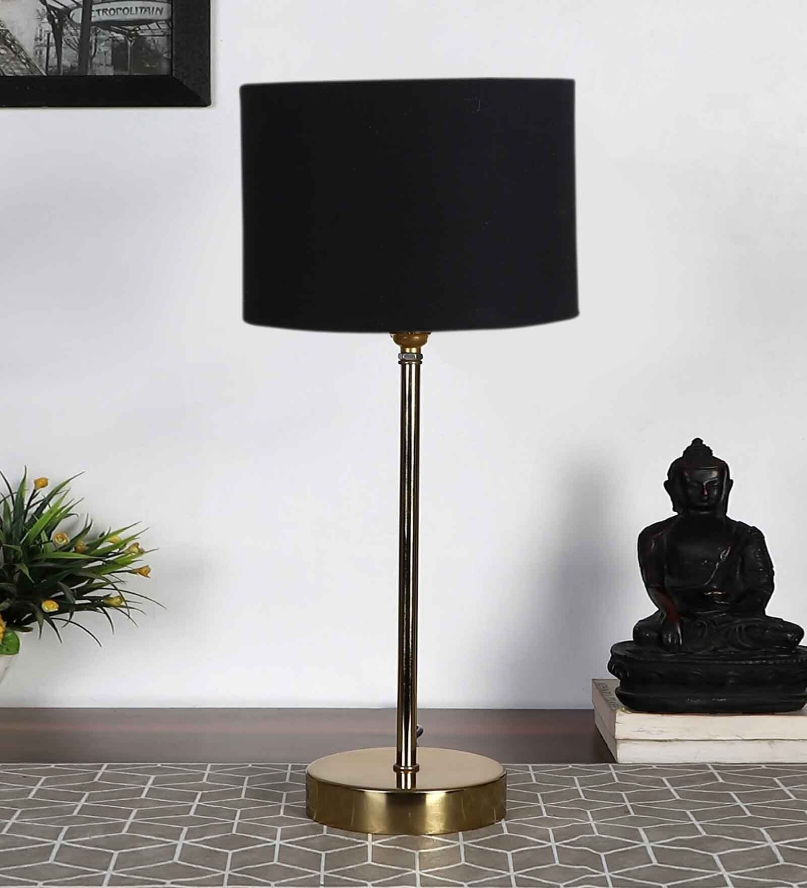 Black Textured Cotton Metal Finish Golden Table Lamp