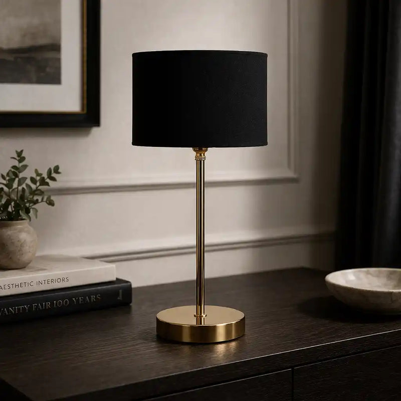 Black Textured Cotton Metal Finish Golden Table Lamp
