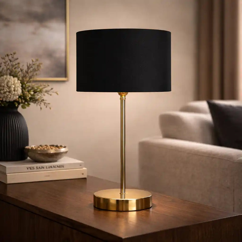Black Textured Cotton Metal Finish Golden Table Lamp