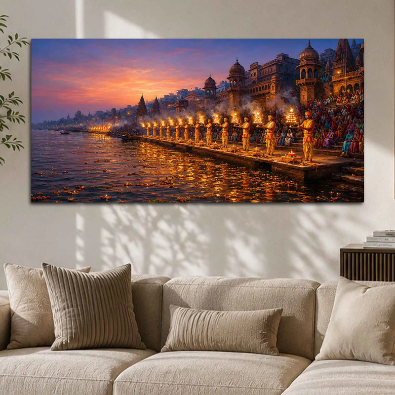 Blessed Kashi Ghats Aarti Painting for Spiritual Home Decor