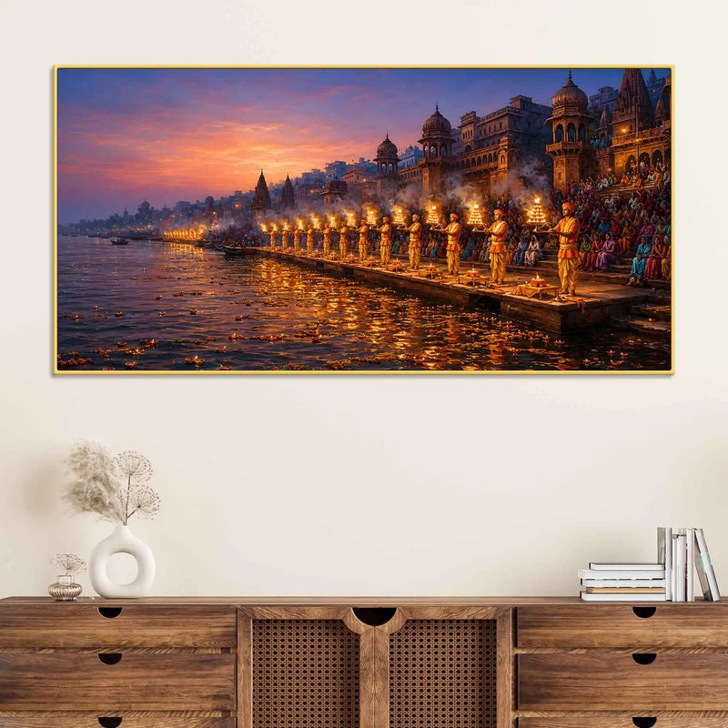 Blessed Kashi Ghats Aarti Painting for Spiritual Home Decor