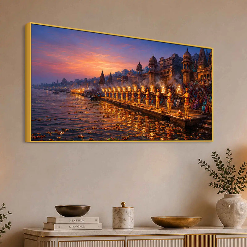 Blessed Kashi Ghats Aarti Painting for Spiritual Home Decor