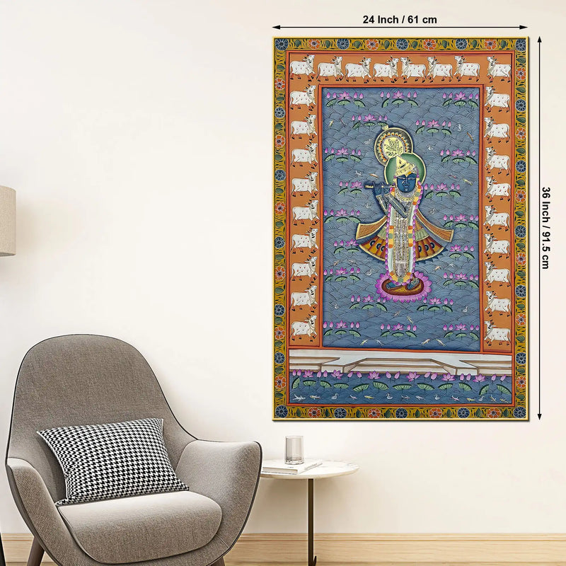 Blessings of Lord Shrinathji in the Garden of Lotus Pichwai Canvas Wall Painting
