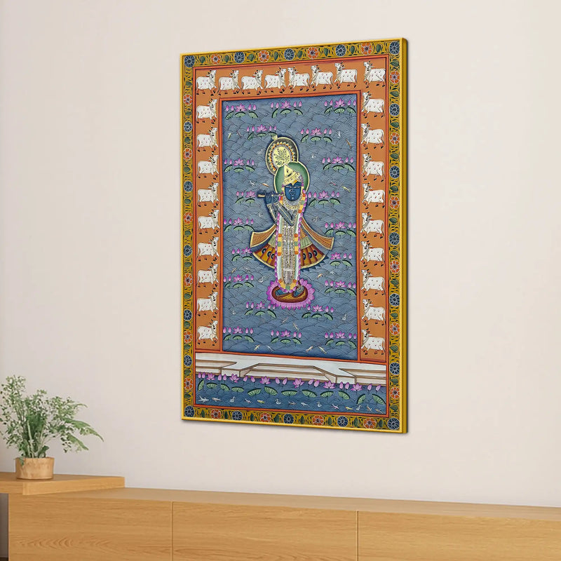 Blessings of Lord Shrinathji in the Garden of Lotus Pichwai Canvas Wall Painting
