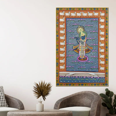 Blessings of Lord Shrinathji in the Garden of Lotus Pichwai Canvas Wall Painting