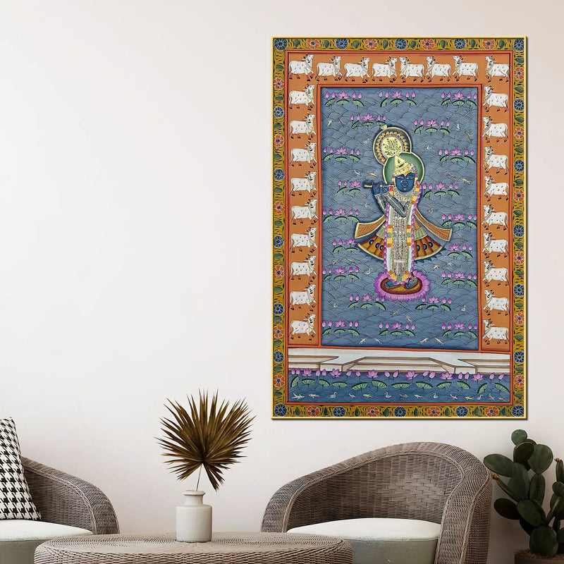 Blessings of Lord Shrinathji in the Garden of Lotus Pichwai Canvas Wall Painting