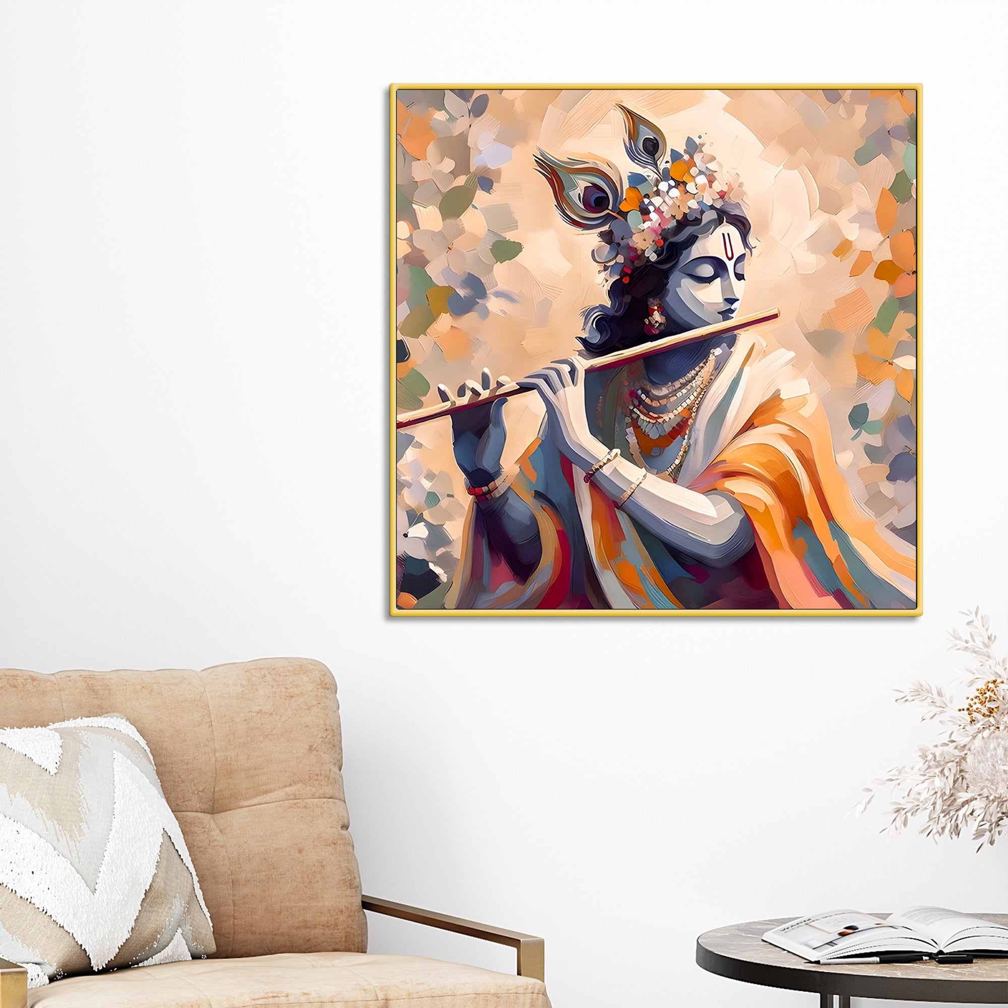 Blissful Lord Krishna Flute Melody Abstract Canvas Wall Painting