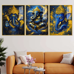 Blue and Gold Lord Ganesha Wall Art Acrylic Floating Wall Painting Set of 3

