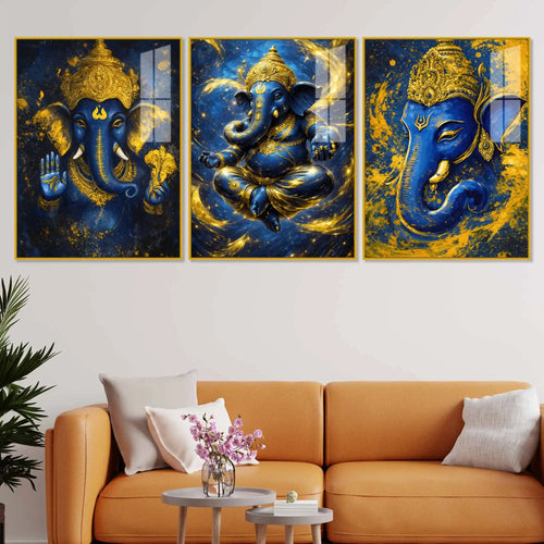 Blue and Gold Lord Ganesha Wall Art Acrylic Floating Wall Painting Set of 3

