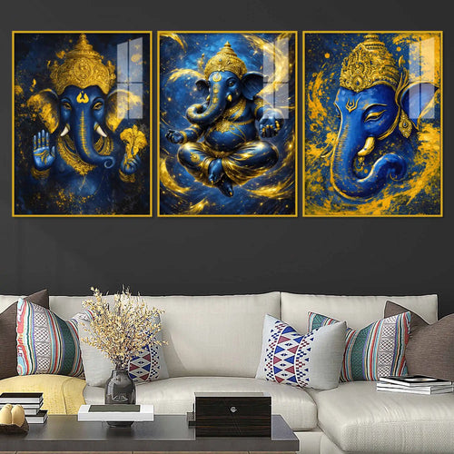 Blue and Gold Lord Ganesha Wall Art Acrylic Floating Wall Painting Set of 3