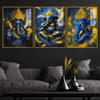 Blue and Gold Lord Ganesha Wall Art Acrylic Floating Wall Painting Set of 3