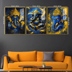 Blue and Gold Lord Ganesha Wall Art Acrylic Floating Wall Painting Set of 3