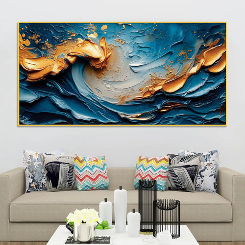 Blue and Gold Ocean Wave Abstract Canvas Painting