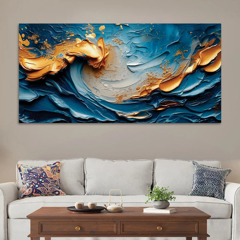 Blue and Gold Ocean Wave Abstract Canvas Painting