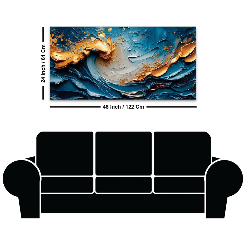 Blue and Gold Ocean Wave Abstract Canvas Painting