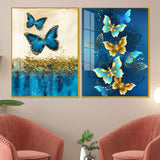 Blue and Golden Butterflies Acrylic Floating Wall Painting Set of 2