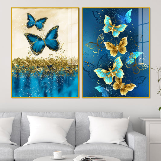 Blue and Golden Butterflies Acrylic Floating Wall Painting Set of 2