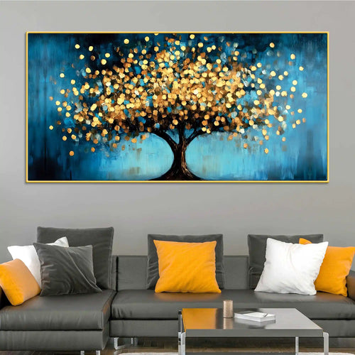 Blue Artistic Background Golden Tree Canvas Painting for Wall Decor