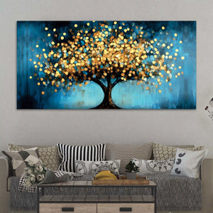 Blue Artistic Background Golden Tree Canvas Painting for Wall Decor