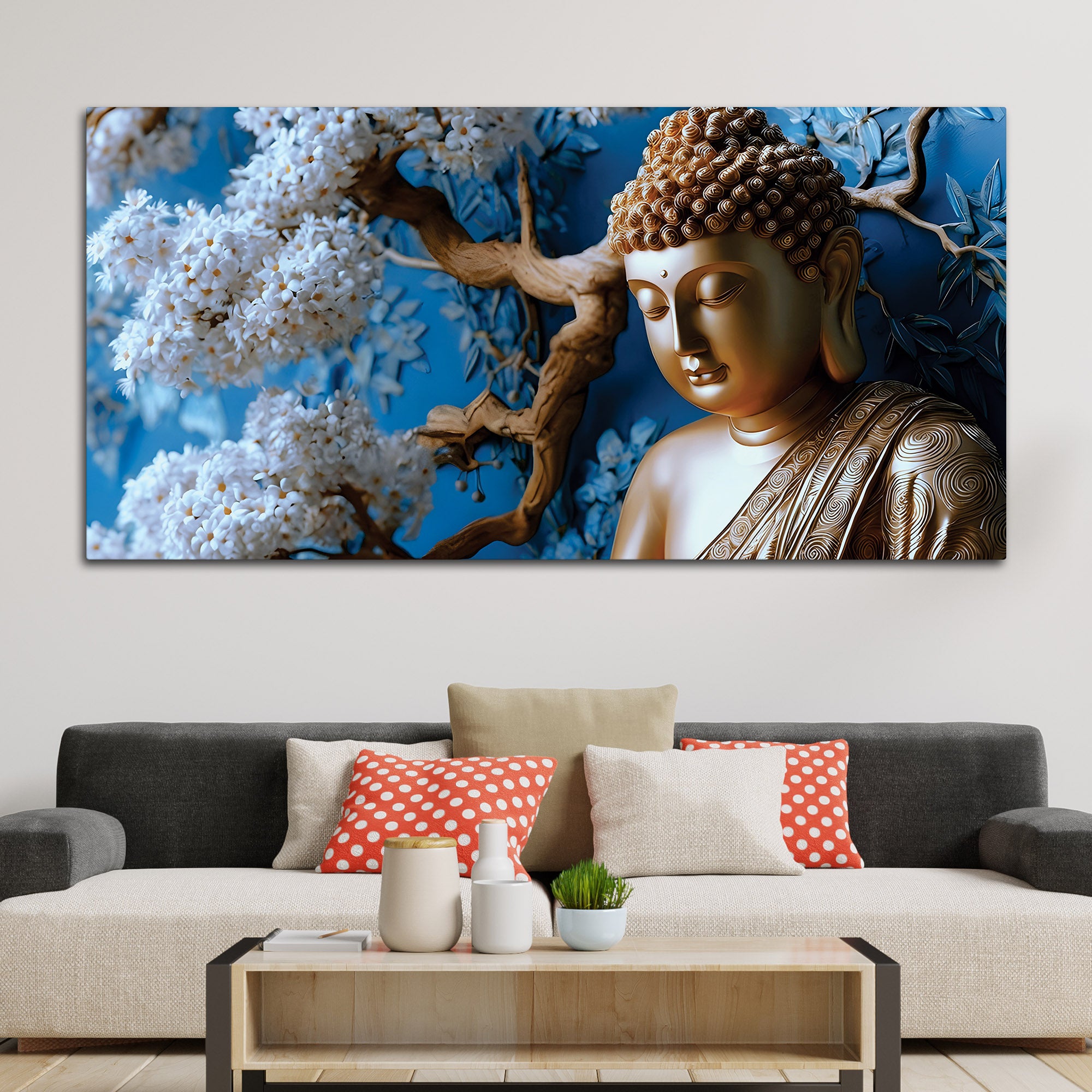 Blue Blossom Buddha Sculpture Style Wall Painting for Home