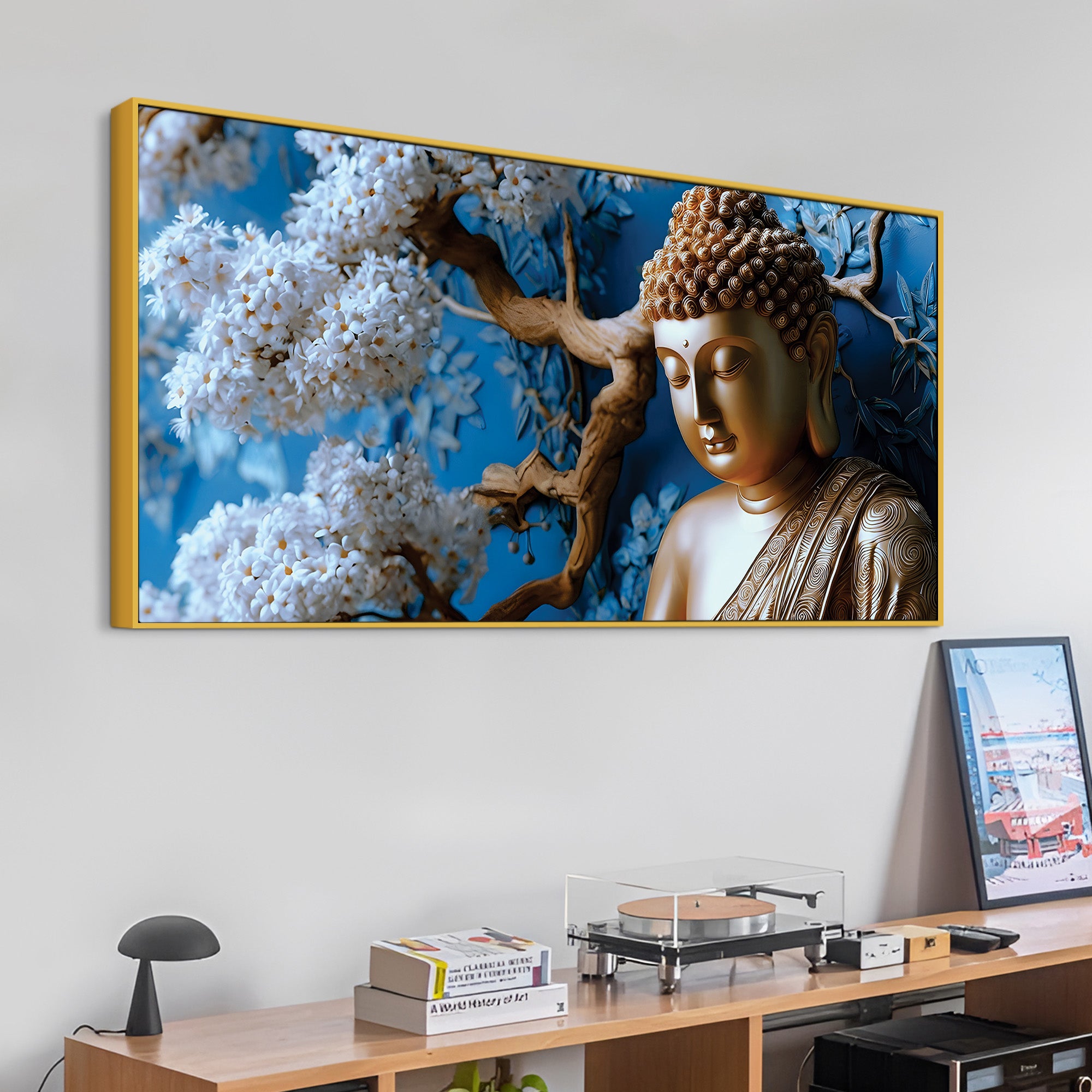 Blue Blossom Buddha Sculpture Style Wall Painting for Home