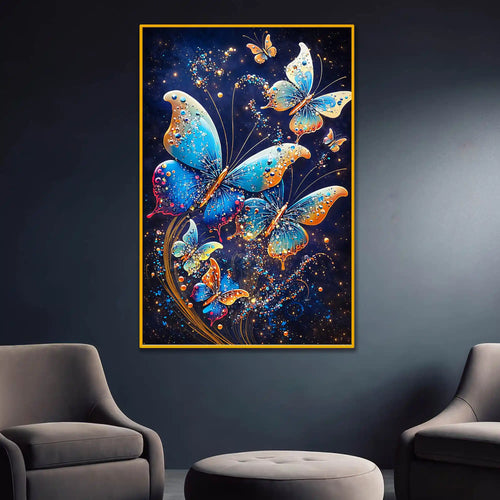 Blue Butterfly with Glitter Effect Floating Frame Crystal Wall Painting