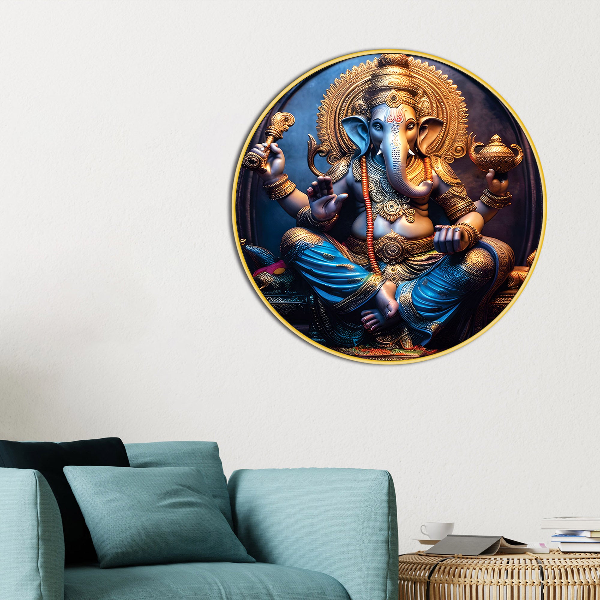Blue Divine Ganesha Round Wall Painting