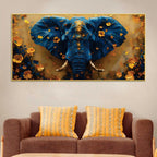 blue-elephant-face-portrait-with-floating-golden-flowers-canvas-wall-painting