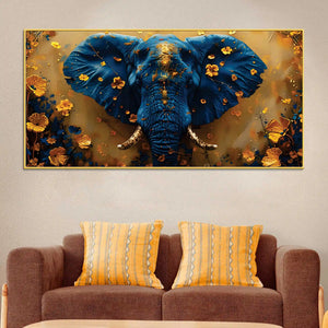 blue-elephant-face-portrait-with-floating-golden-flowers-canvas-wall-painting