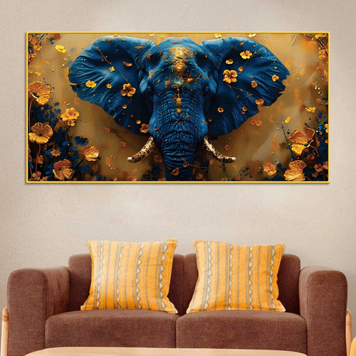 blue-elephant-face-portrait-with-floating-golden-flowers-canvas-wall-painting