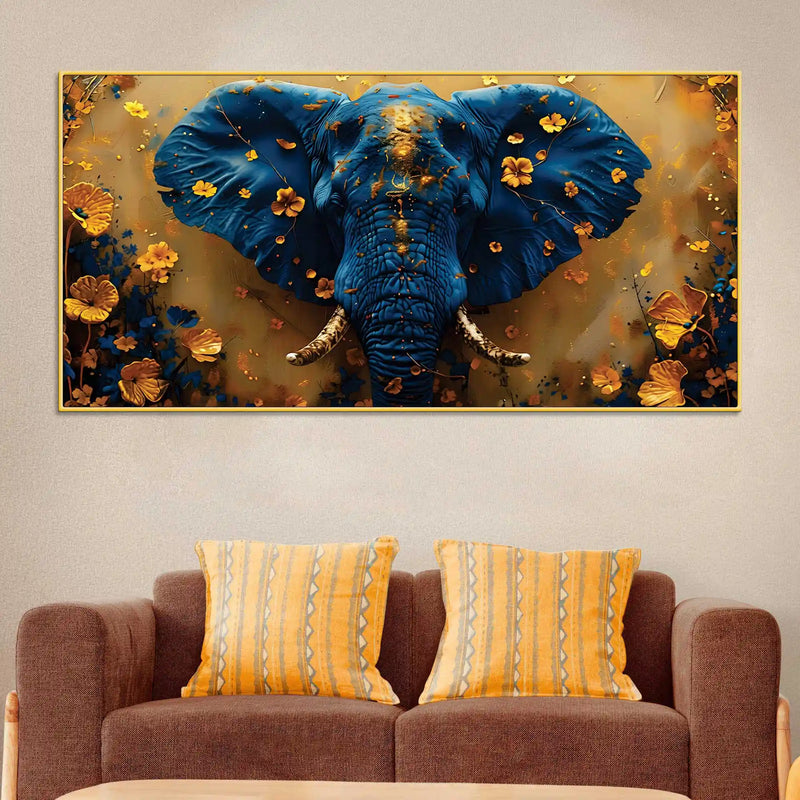 blue-elephant-face-portrait-with-floating-golden-flowers-canvas-wall-painting