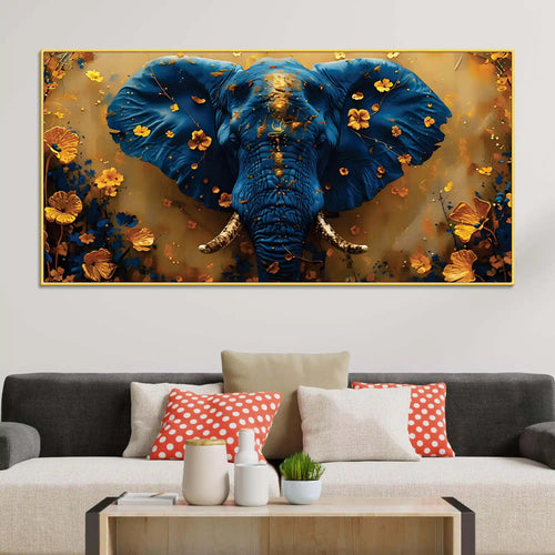 Blue Elephant Face Portrait with Floating Golden Flowers Canvas Wall Painting