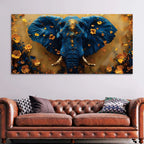 Blue Elephant Face Portrait with Floating Golden Flowers Canvas Wall Painting