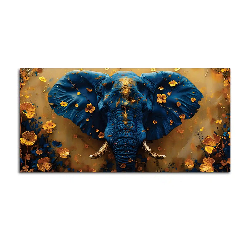 Blue Elephant Face Portrait with Floating Golden Flowers Canvas Wall Painting