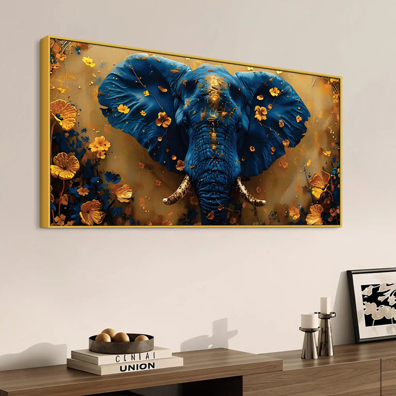 Blue Elephant Face Portrait with Floating Golden Flowers Canvas Wall Painting