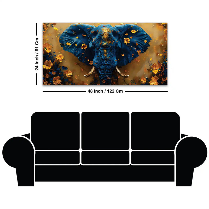 Blue Elephant Face Portrait with Floating Golden Flowers Canvas Wall Painting