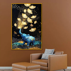 Blue Elephant with Gold Leaves Floating Frame Crystal Wall Painting