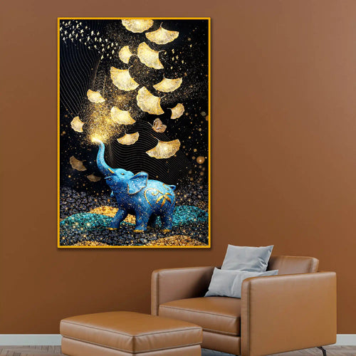 Blue Elephant with Gold Leaves Floating Frame Crystal Wall Painting